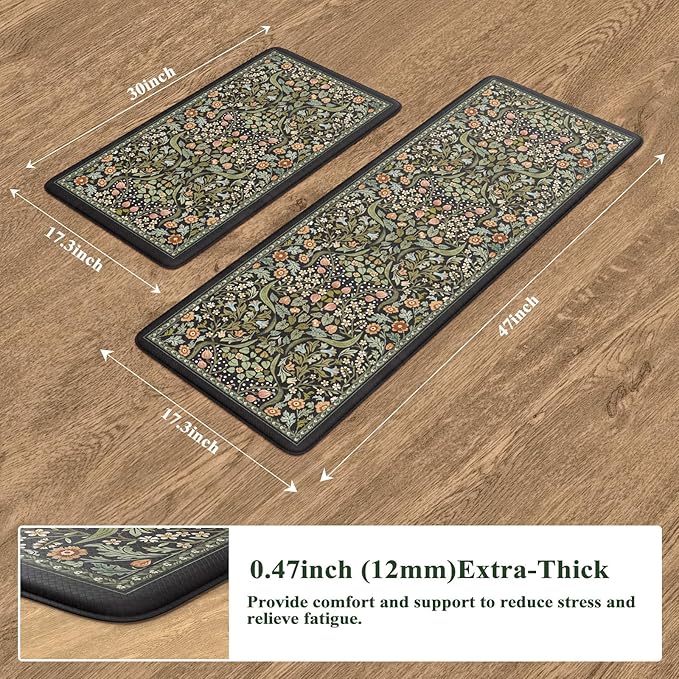Collive Kitchen Mats for Floor 2PCS, Cushioned Anti Fatigue Mat Non Slip Waterproof Kitchens Sink Rug, Vintage Spring Floral Rugs Comfort Standing Mat for Laundry, Desk, Bar, Office, Black