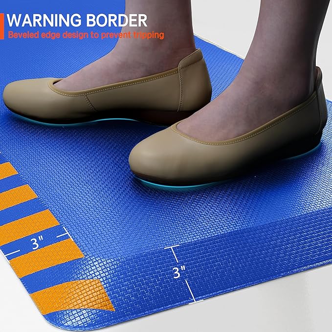 FEATOL Anti Fatigue Mat Industrial, Ergonomic Standing Floor Mat for Work for Stand, Safety Support for Leg & Back Pain(Blue with Yellow Border, 20" x 32", 2PC)