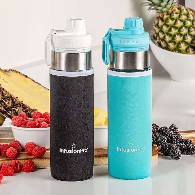 Infusion Pro 24 oz Fruit Infuser Water Bottle with Twist Cap Lid : Insulated Sleeve & Infused Water Recipe eBook : Bottom Loading Water Infuser for More Flavor : Unique Gift Idea (Blue Jade, 1-Pack)