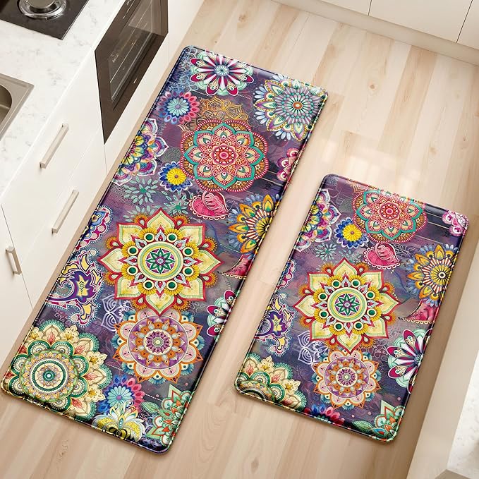 Boho Red Floral Kitchen Rugs Mats for Floor 2 Piece Memory Foam Padded Kitchen Mats Anti Fatigue Non Slip Cushioned Comfort Standing Mat, 17.3x28+17.3x47 Inch