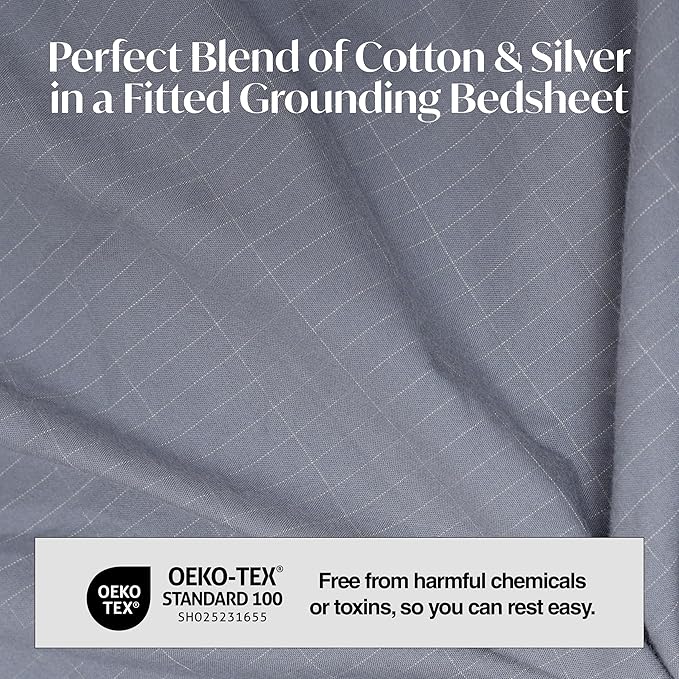 Grounding Sheets King Size 76x80x13.5 Inches – Organic Cotton with Silver, Gray Fitted Earthing Sheets for Overall Improved Wellbeing, with 15 ft Grounding Cord