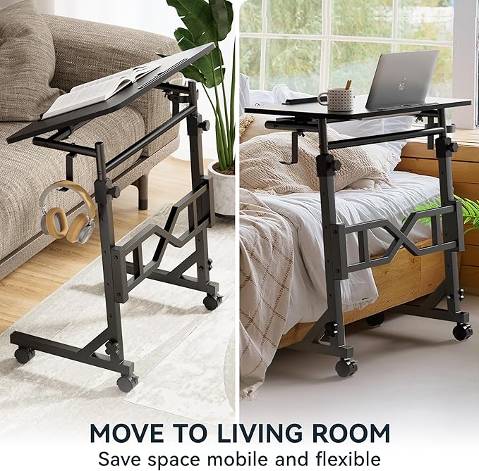 Small Standing Desk with Wheels, 29.5-45.3 Inch Adjustable Height, Portable Treadmill Desk, Rolling Computer Table for Walking Pad with a Cup Holder and a Hook