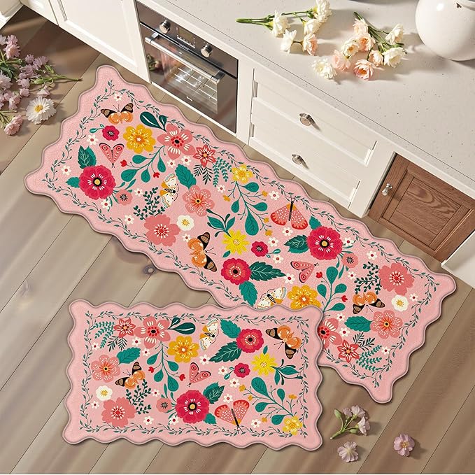 Scalloped Pink Valentines Kitchen Mats for Floor 2PC Cushioned Anti Fatigue Kitchen Mats Rugs Waterproof Non Slip Farmhouse Boho Floral Comfort Foam Standing Mat for Sink Laundry