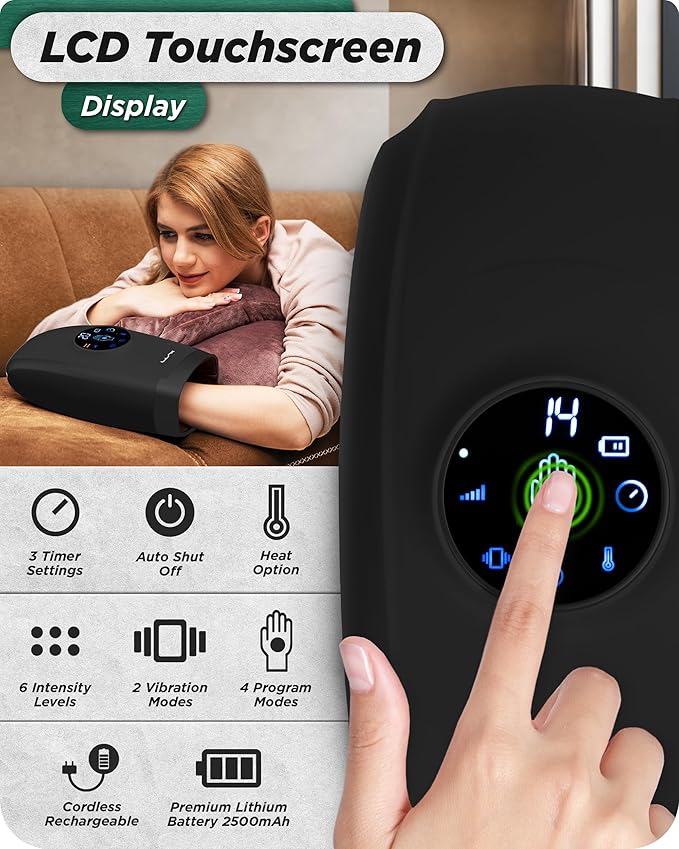 Lunix LX7 FSA Carpal Tunnel & Wrist Pain Relief Device, Heated Air Compression Hand Massager for Arthritis, Mothers Day Gifts for Women & Mom, Touchscreen, Charcoal Black