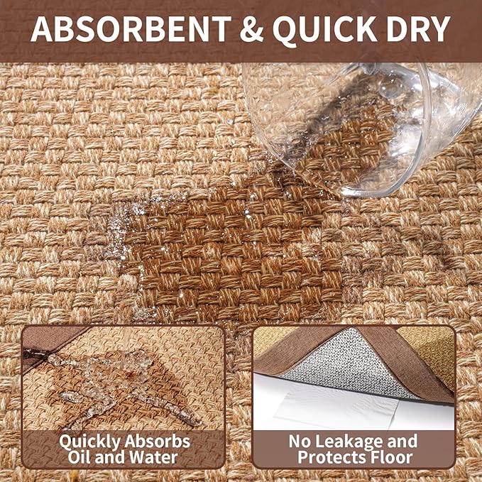 Kitchen Mats for Floor, Rubber Backing Kitchen Rugs Non Slip Washable, Super Absorbent Jute-Like Braid Kitchen Runner Rug Sink Mat Standing Mat, Easy to Clean, Brown 17"x30"