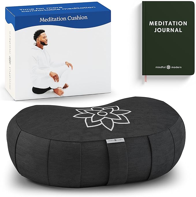Mindful & Modern Large Meditation Cushion | Zafu Yoga Bolster Meditation Floor Pillow Seat | Buckwheat Hull Filled Crescent Shaped Cushion with Removable Washable Cover + Carry Handle (Minimal Black)