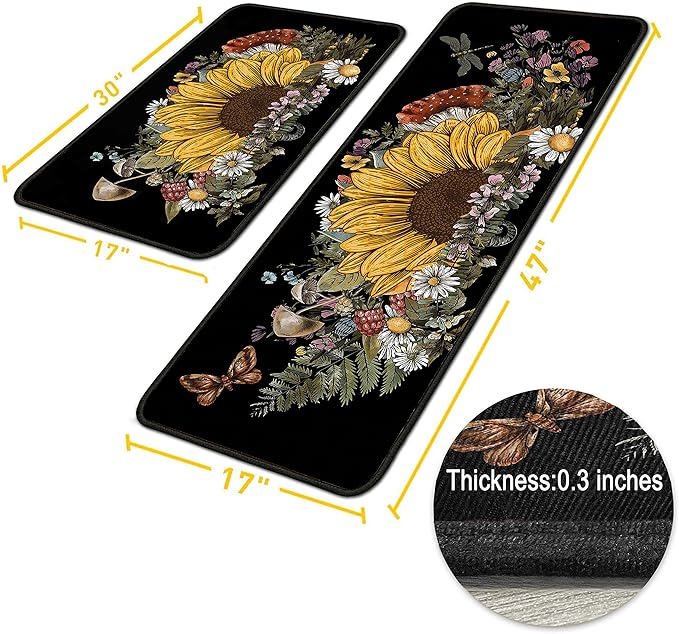Sunflower Kitchen Rugs 2 Piece Set for Floor Mat, Non Skid Washable Absorbent Microfiber Sunflower Kitchen Mat for in Front of Sink for Standing for Home Sunflower Kitchen Decor 17"X30"+17"X47"