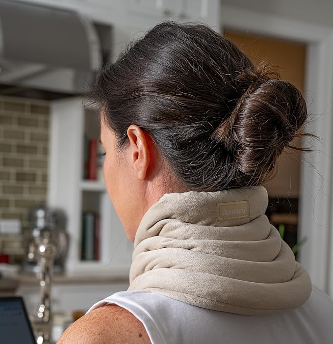ASUTRA Weighted Neck Wrap, Champagne - Hands-Free Microwaveable Heating Pad for Neck and Shoulders, Hot and Cold Compress, Lavender Aromatherapy