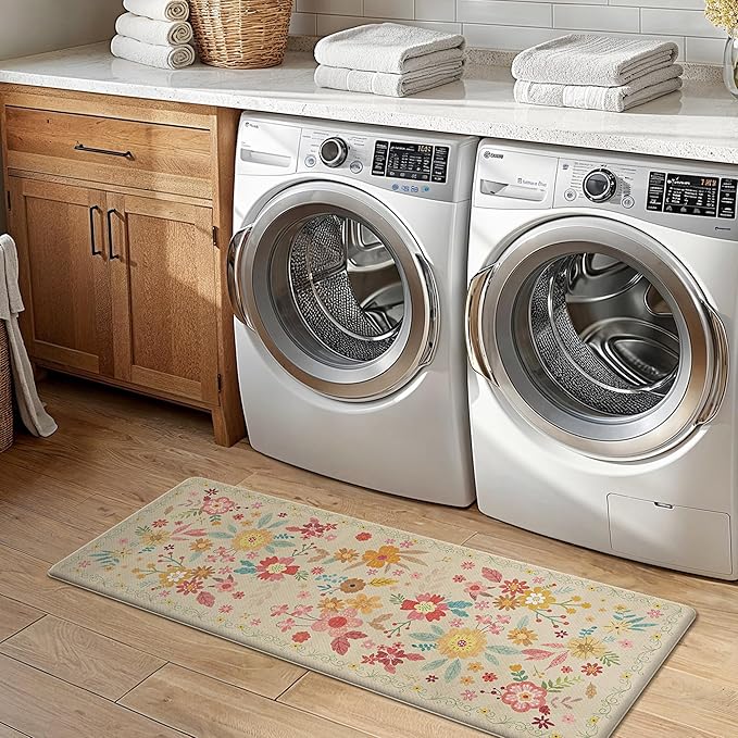 GENIMO Kitchen Mats for Floor 2PCS, Cushioned Kitchen Rugs Non Slip Washable, Farmhouse Anti Fatigue Mat Waterproof, Comfort Standing Mat Rug for Office, Home, Laundry, 17.3"x59"+17.3"x30", Beige