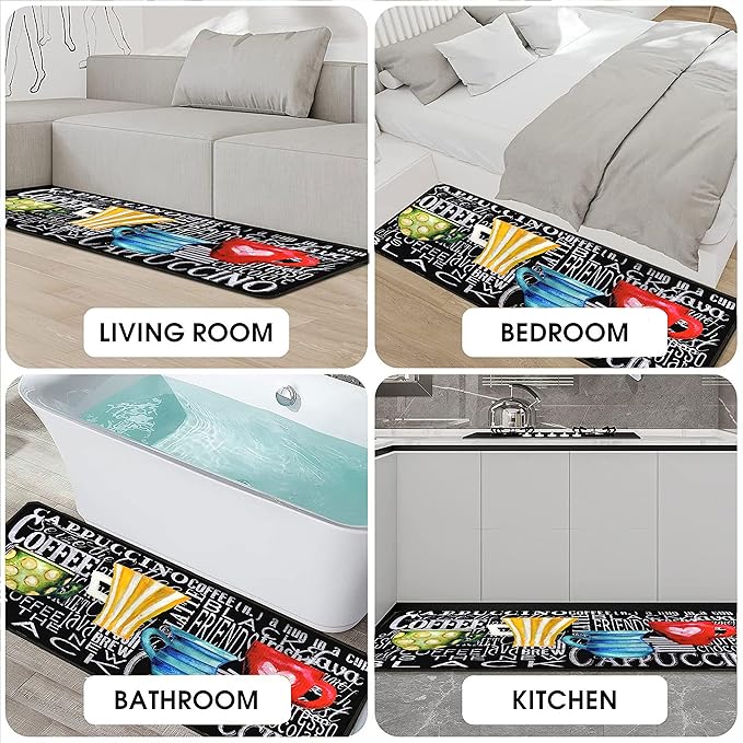 Coffee Kitchen Rugs 2 Piece Set for Floor Mat, Non Skid Washable Absorbent Microfiber Coffee Kitchen Mat for in Front of Sink for Standing for Home Coffe Kitchen Decor 17"X30"+17"X47"