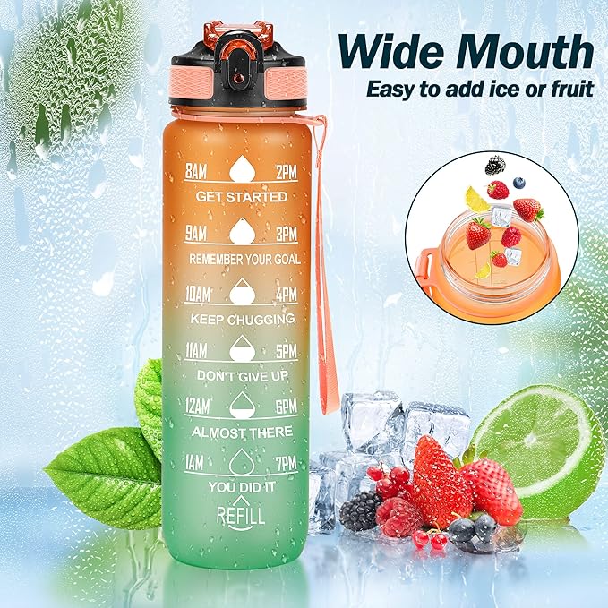 Motivational Water Bottle with Time Marker - 32oz, Leak-proof BPA Free Sports Water Bottles with Straw & Carrying Strap