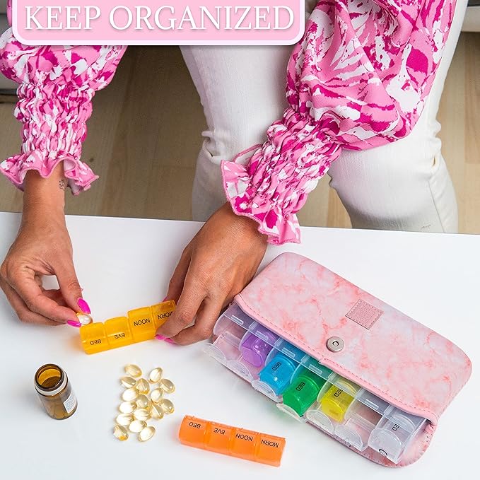 Made Easy Kit Pill Case Large 7-Day / 28 Compartments in Neoprene Carrier with Storage Pill Box in Daily in Morn, NOON, EVE, Bed a Weekly Vitamin, Medicine, Capsule Organization (Pink Marble)
