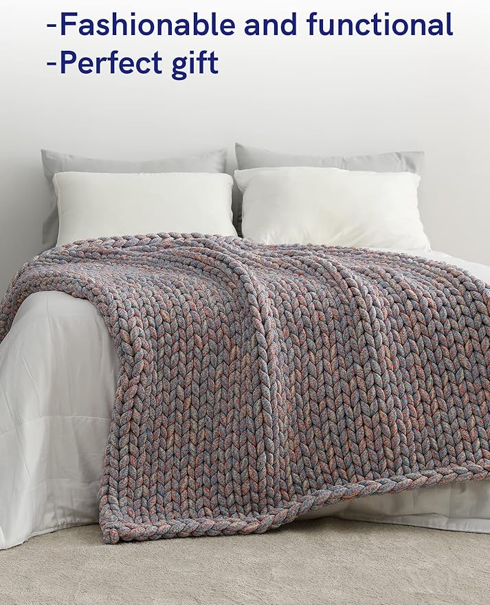 YnM Weighted Blanket, Handmade Chunky Knitted Design, Soft and Cozy, Temperature Regulating and Breathable, Machine Washable Throw for Sleep or Home Decor (Red Blue Fancy Yarn, 50x60 Inch, 10lbs)