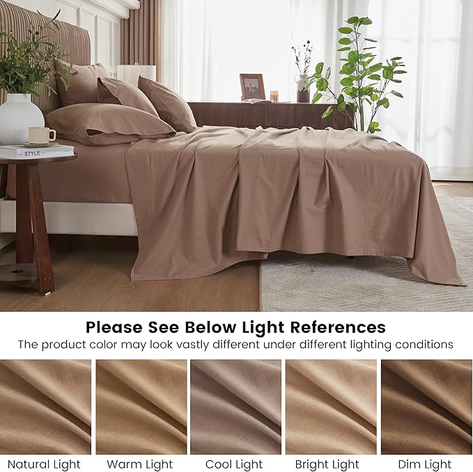 Simple&Opulence Belgian Linen Sheet Set Solid Color - 6 Pieces (1 Flat Sheet & 1 Fitted Sheet & 4 Pillowcases) 16" Deep Pocket Natural Flax Cotton Blended Soft Bedding - Clay, California King