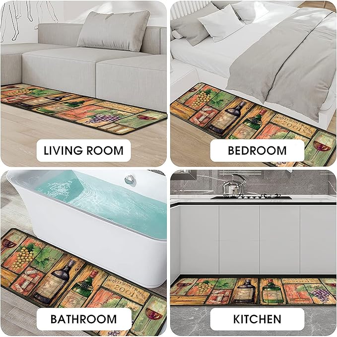 Wine Kitchen Rugs 2 Piece Set for Floor Mat, Non Skid Washable Absorbent Microfiber Wine Kitchen Mat for in Front of Sink for Standing for Home Wine Kitchen Decor 17"X30"+17"X47"
