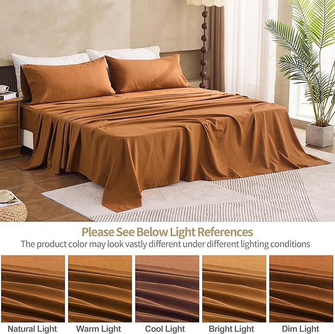 Simple&Opulence Belgian Linen Sheet Set Solid Color - 5 Pieces (1 Flat Sheet, 2 Fitted Sheets & 2 Pillowcases) Natural Flax Cotton Blend Soft Breathable Farmhouse Bedding - Split King Size, Rust