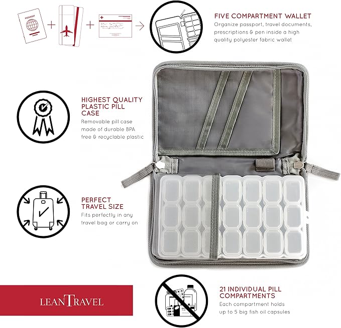 Leantravel Pill Case Organizer for Travel with Passport Wallet, Color Grey, Size Small for 7 Day Travel