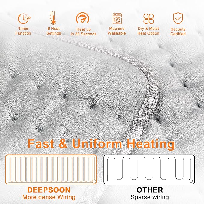 Deepsoon Heating Pad,Electric Heating Pads for Back,Neck,Abdomen,Moist Heating Pad for Shoulder,Knee,Arms,Legs,Dry/Moist Heat & Auto Shut Off,Christmas Gifts for Men and Women,Light Gray,40x20 Inch