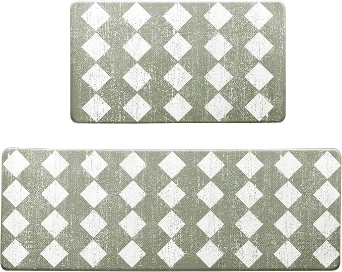 Sage Green Moroccan Trellis Checkered Kitchen Rug Sets [2 PCs], Anti-Fatigue, Waterproof Non-Slip Kitchen Mats Heavy Duty Ergonomic Comfort Foam Rug for Floor, Home, Laundry,17"x29"+17"x47"