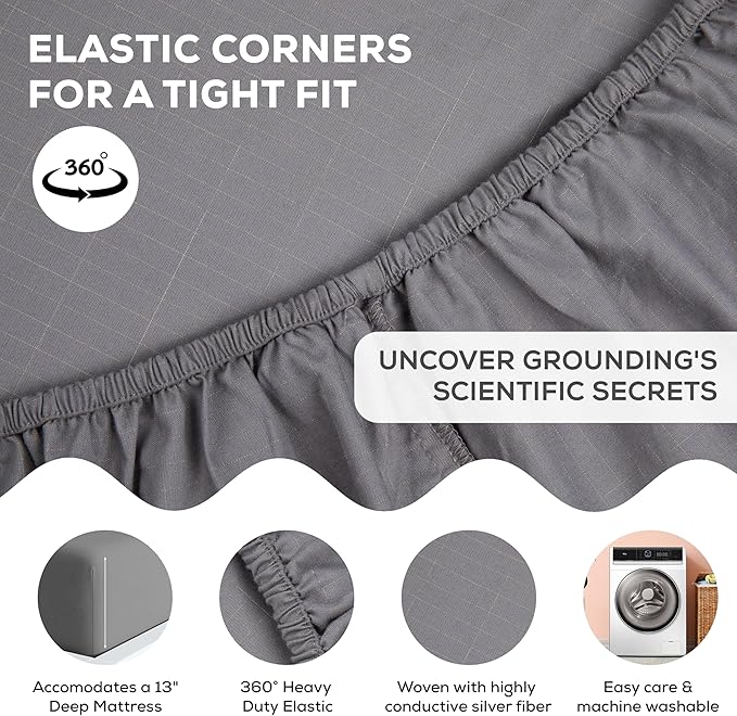 Earthing Grounding Sheets King Size (Grey) - 400 Thread Count Soft Earthing Grounding Sheet w/Cotton, & Silver Fiber- Earthing Sheets Grounding with Reinforced Grounding Cord for Conductivity