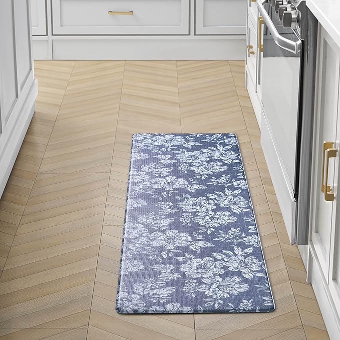 Laura Ashley - Anti-Fatigue Kitchen Mat, Iris Floral Design, Stain, Water & Fade Resistant, Cooking & Standing Relief, Non-Slip Backing, Measures 17.5" x 60", Navy Iris