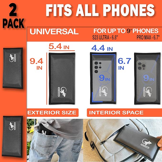 Two Faraday Bags Anti-Tracking GPS RFID Signal Blocker Wallet Shielding Pouches (x2) Protective Cases for Cell Phone Car Key FOB, Data Privacy, Electronic Device Security (2 PACK - POCKET GRAY)