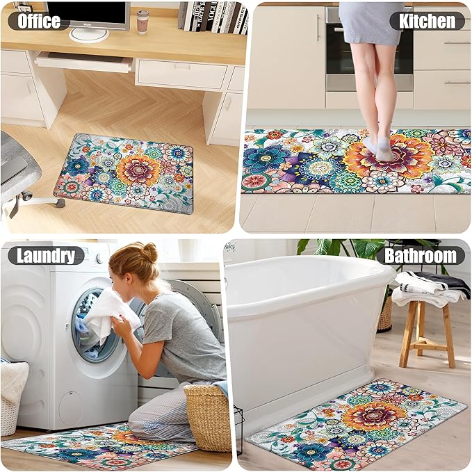 Floral Kitchen Rugs Mats for Floor 2 Piece Flowers Anti Fatigue Kitchen Mats Non Slip Cushioned Comfort Standing Mat for Sink, Office, Laundry, 17.3x28+17.3x47 Inch