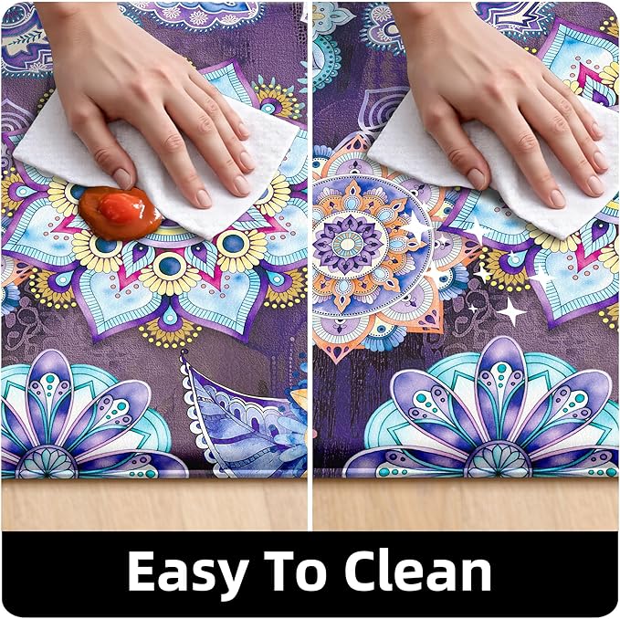 Boho Purple Floral Kitchen Rugs Mats for Floor 2 Piece Memory Foam Padded Kitchen Mats Anti Fatigue Non Slip Cushioned Comfort Standing Mat, 17.3x28+17.3x47 Inch