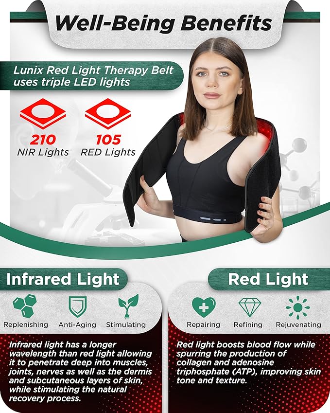 Lunix LX16 Red Light Therapy Belt, Near Infrared Light and Red Light Therapy to Improve Circulation, Relax Muscles, Black