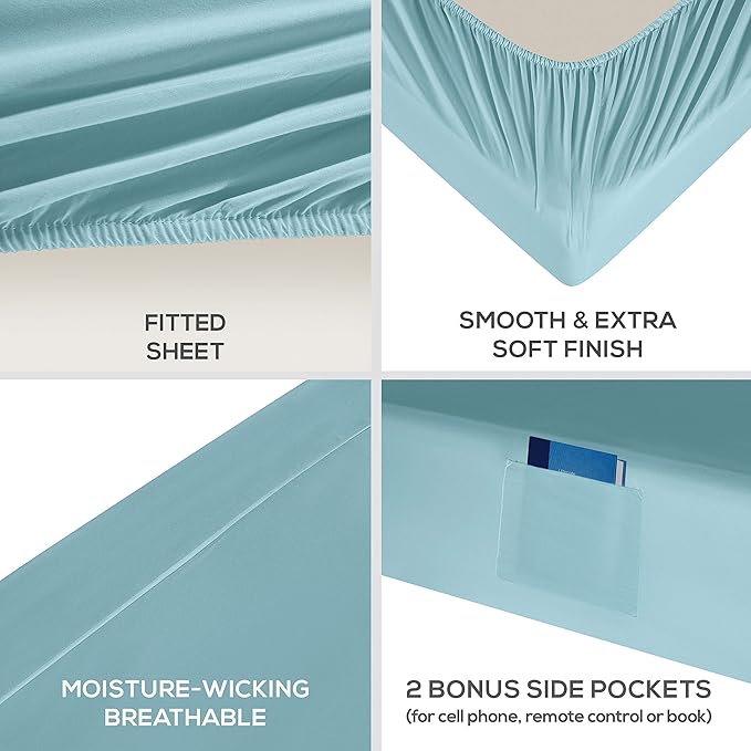 Mueller Luxury 6 PC Full Size Bed Sheets, Super Soft 1800, Deep Pocket up to 16" Full Size Sheets, Transfers Heat, Breathes Better, Hypoallergenic, Wrinkle-Resistant, Oeko-TEX, Aqua