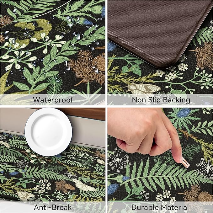 Black Green Botanical Kitchen Rugs Set of 2 Plant Leaf Anti-Fatigue Kitchen Mat Natural Comfort Standing Waterproof PVC Mats 2/5" Thick Leather Carpet for Laundry Office Sink(17.3" x28" + 17.3" x 59")