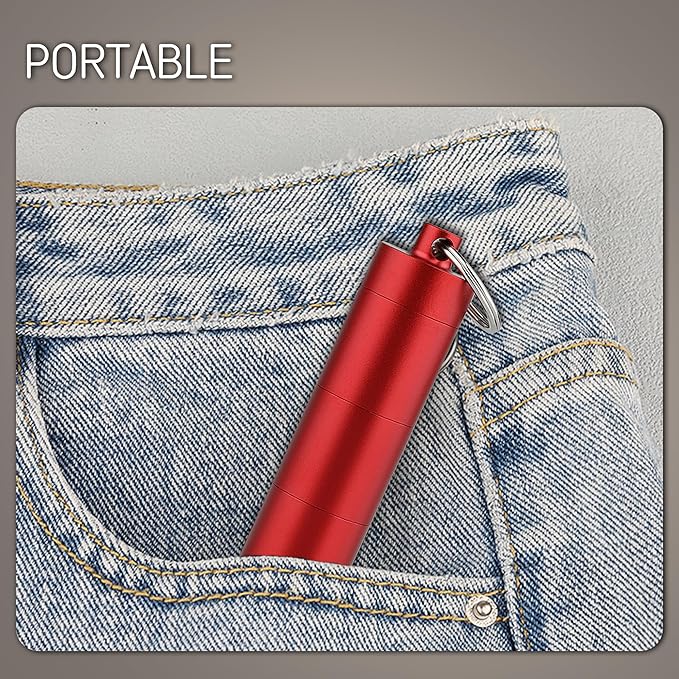 Pill Box Keychain, Aluminum Alloy, Waterproof Compact Pill Organizer for Emergency Pills & Vitamins, Portable Keyring Necklace Holder, Travel Hiking Essentials, 3 Compartments, Red