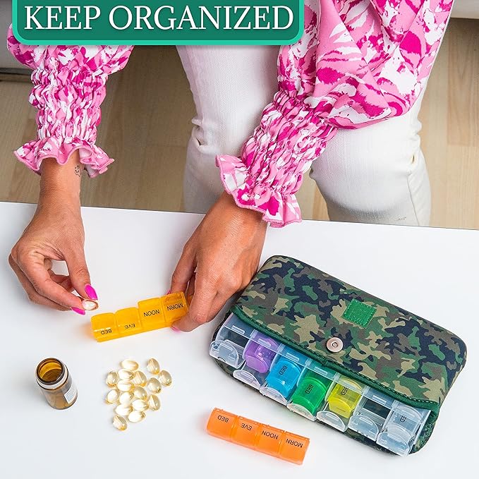 Made Easy Kit Pill Case Large 7-Day / 28 Compartments in Neoprene Carrier with Storage Pill Box in Daily in Morn, NOON, EVE, Bed a Weekly Vitamin, Medicine, Capsule Organization (Camo Dark)