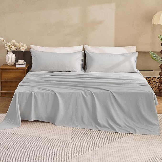 Simple&Opulence Belgian Linen Sheet Set Solid Color - 5 Pieces (1 Flat Sheet, 2 Fitted Sheets & 2 Pillowcases) Natural Flax Cotton Blend Soft Breathable Farmhouse Bedding - Split King Size, Grey