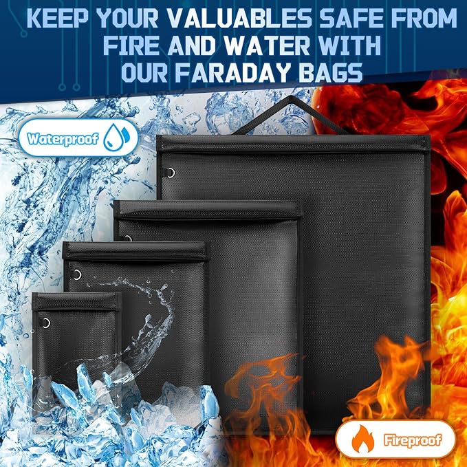 Faraday Bags, 4 Pack EMP Proof Bag for Cell Phone, Laptop, Tablet, Car Keys, Large Signal Blocking Pouches, Waterproof and Fireproof EMP Protection