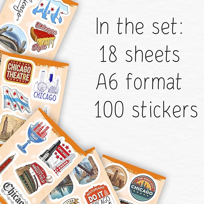 100Pcs Chicago Stickers and Decals for Luggage, Water Bottle - Chicago Gifts, Party Supplies - Travel USA Cities Stickers - Gift for Women & Men