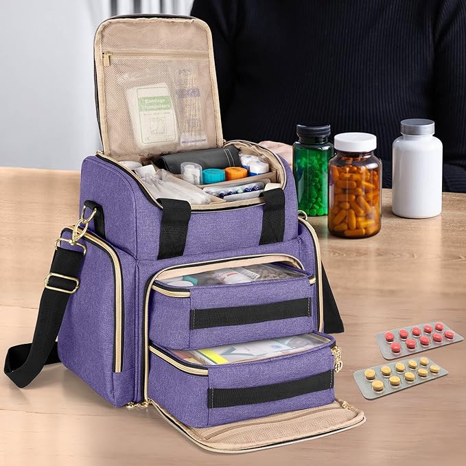 LUXJA Large Medicine Bag with 2 Removable Cases, Medicine Storage Bag with Multiple Storage Sections (Suitable for Travel or Home), Purple