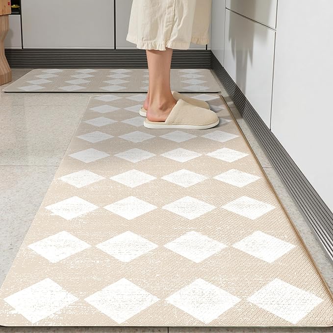 Moroccan Trellis Cream Checkered Kitchen Rug Sets [2 PCs], Anti-Fatigue, Waterproof Non-Slip Kitchen Mats Heavy Duty Ergonomic Comfort Foam Rug for Floor, Home, Laundry,17"x29"+17"x47"