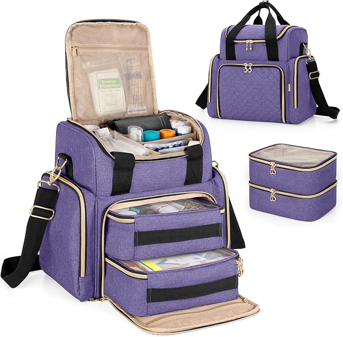 LUXJA Large Medicine Bag with 2 Removable Cases, Medicine Storage Bag with Multiple Storage Sections (Suitable for Travel or Home), Purple