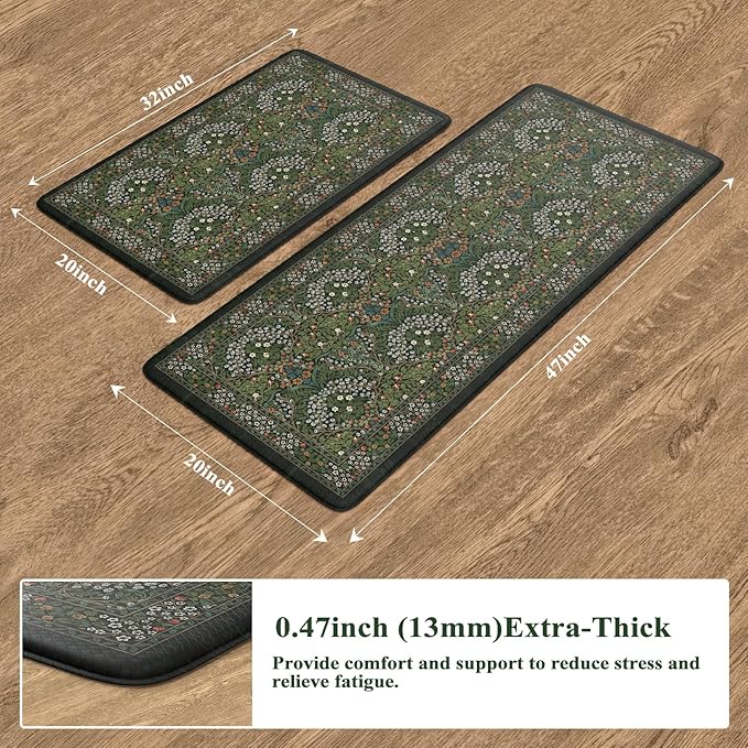 Collive Anti Fatigue Kitchen Rugs Sets of 2, Non Slip Waterproof Kitchen Mat Spring Vintage Floral Runner Rug, Ergonomic Comfort Desk Rugs for Floor, 20" x 47" + 20" x 32", Dark Green