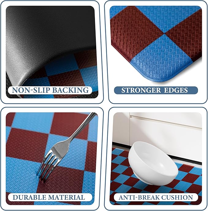 Peacock Blue Checkered Grid Checkerboard Kitchen Rug Sets [2 PCs], Anti-Fatigue, Waterproof Non-Slip Kitchen Mats Heavy Duty Ergonomic Comfort Foam Rug for Floor, Home,17"x29"+17"x47"