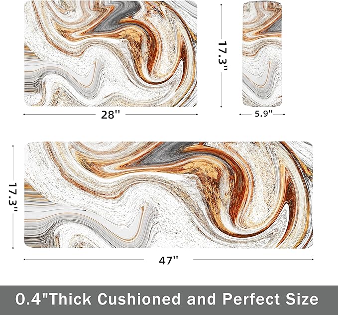 Kitchen Mats for Floor Anti Fatigue Floor Marble Cushioned Memory Foam Non Slip PVC Leather Padded Comfort Standing Rugs Set of 2, 17.3x28+17.3x47 Inch,0.4 Inch Thick