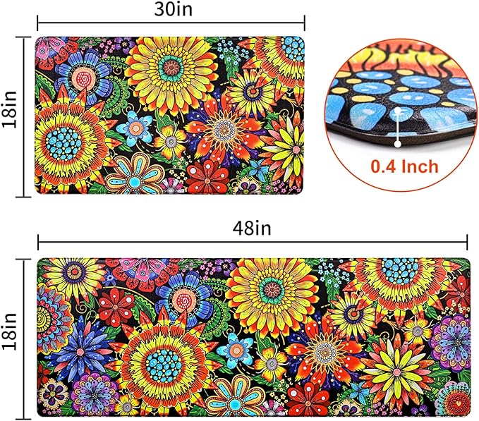 Likiyol Boho Kitchen Rugs, Boho Floral Anti Fatigue Kitchen Mat for Floor, Bohemian Flowers Non Slip Washable Kitchen Floor Mats, Comfort Standing Mat, 18'' x 30''+18''x48'', Yellow
