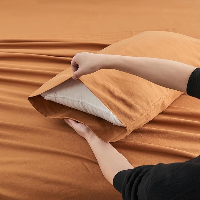 Simple&Opulence Belgian Linen Sheet Set Solid Color - 3 Pieces (1 Flat Sheet, 1 Fitted Sheet & 1 Pillowcase) Natural Flax Cotton Blend Soft Breathable Farmhouse Bedding - Twin Size, Rust