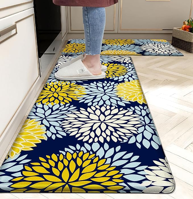 Kitchen Mats Set of 2 Cushioned Anti Fatigue Kitchen Rugs Non Slip Waterproof Kitchen Runner Memory Foam Floor Mat Comfort Standing Mat for Sink,Office,Laundry, Navy Yellow