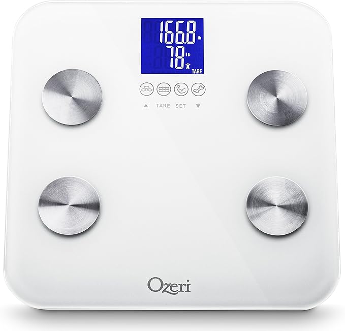 Ozeri Touch 440 Lbs Total Body Weight Scale (Body Fat, Muscle, Bone, Weight & Hydration), Auto Recognition Bath Scale with Infant Tare