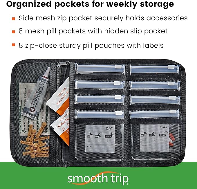 Smooth Trip Folding Pill Organizer - Slim Medicine Wallet and Foldable Pill Pouch Organizer with 8 Food Grade Zip-Close Pill Pouches for Home and Travel Medication Storage