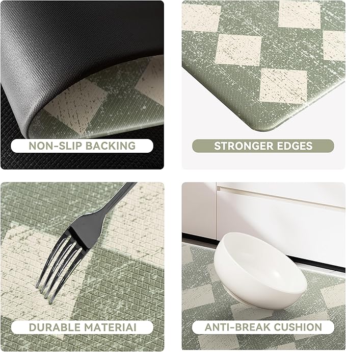 Sage Beige Moroccan Trellis Checkered Kitchen Rug Sets [2 PCs], Anti-Fatigue, Waterproof Non-Slip Kitchen Mats Heavy Duty Ergonomic Comfort Foam Rug for Floor, Home, Laundry,17"x29"+17"x47"