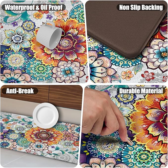 Floral Kitchen Rugs Mats for Floor 2 Piece Flowers Anti Fatigue Kitchen Mats Non Slip Cushioned Comfort Standing Mat for Sink, Office, Laundry, 17.3x28+17.3x47 Inch