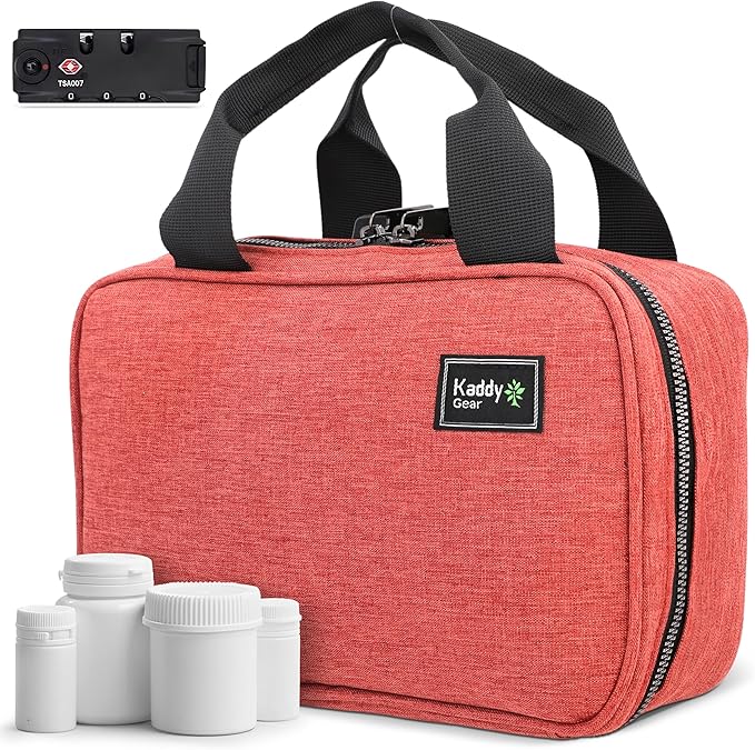 Kaddy Secure Pill Organizer Box, Storage for Bottles of Medicine or Supplements; Toiletry; Travel or Home, TSA Approved Lock (Red)